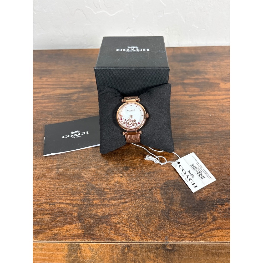 Coach‎ Park Rose Gold Mesh Bracelet Watch White Dial Floating Crystals 14504004